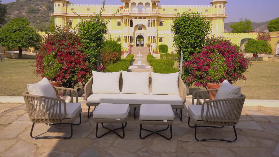 VIRASAT FURNITURE OUTDOOR ROPE SOFA SET 7-SEATER WITH OTTOMANS (BEIGE & OFF-WHITE)