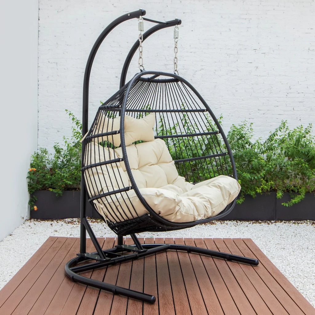 Virasat Double Seater Hanging Swing With Stand For Balcony, Garden Swing (Black) Braided and Rope-VIRASAT FURNITURE & FURNISHING