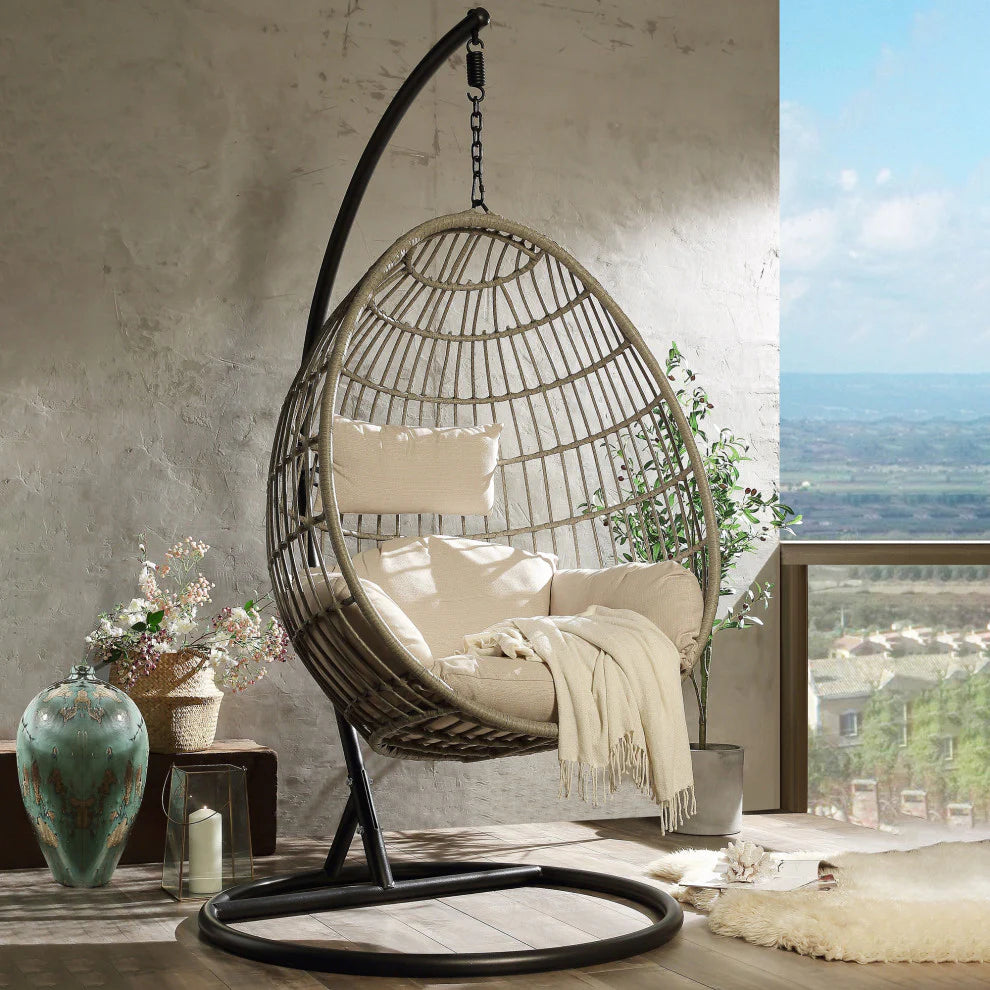 Virasat Single Seater Hanging Swing With Stand For Balcony, Garden Swing (Black+Grey)-VIRASAT FURNITURE & FURNISHING