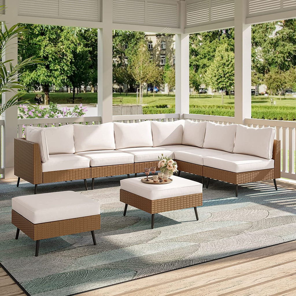 Virasat Outdoor Sofa Set 6 Seater and Single Seater with 2 Ottoman Set (Beige)-VIRASAT FURNITURE & FURNISHING