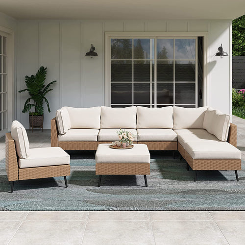 Virasat Outdoor Sofa Set 6 Seater and Single Seater with 2 Ottoman Set (Beige)-VIRASAT FURNITURE & FURNISHING