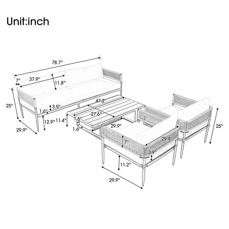 Virasat Furni Outdoor Sofa Set 3 Seater , 2 Single seater and 1 Center Table Set (Grey) Braided & Rope