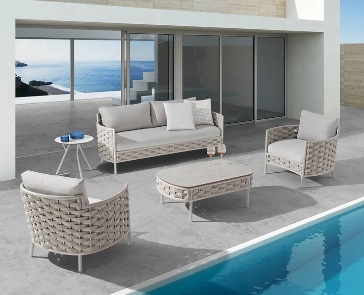 Virasat Nivio Outdoor Garden Balcony Sofa Set 2 Seater, 2 Single seater and 1 Center Table Set, Braid & Rope(White + Cream)