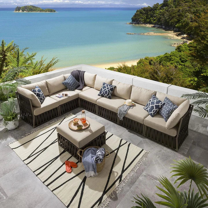 VIRASAT FURNITURE OUTDOOR ROPE SOFA SET 7-SEATER WITH GLASS TOP CENTER TABLE (GREY/BEIGE)