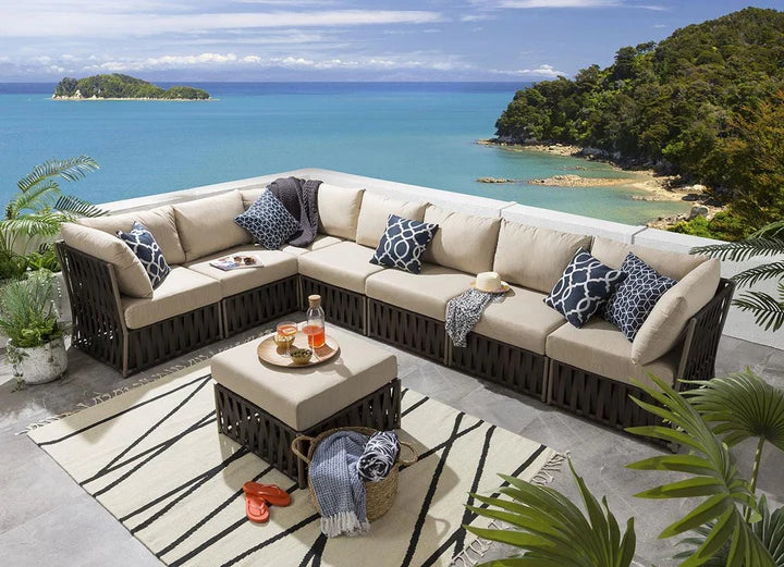 VIRASAT FURNITURE OUTDOOR ROPE SOFA SET 7-SEATER WITH OTTOMAN (BROWN) – BRAIDED GARDEN & BALCONY SET