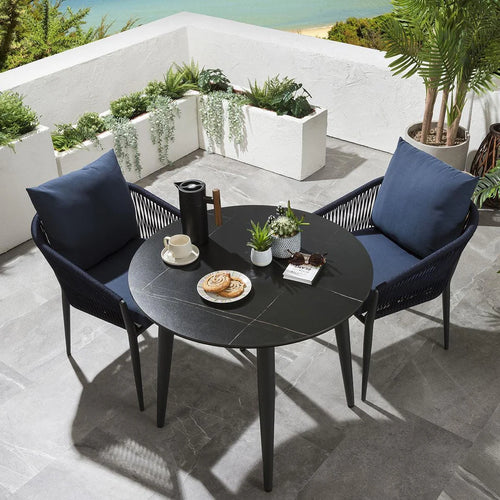 VIRASAT FURNITURE LUIS OUTDOOR PATIO SEATING SET 2 CHAIRS AND 1 TABLE SET (BLACK+BLUE) BRAIDED & ROPE