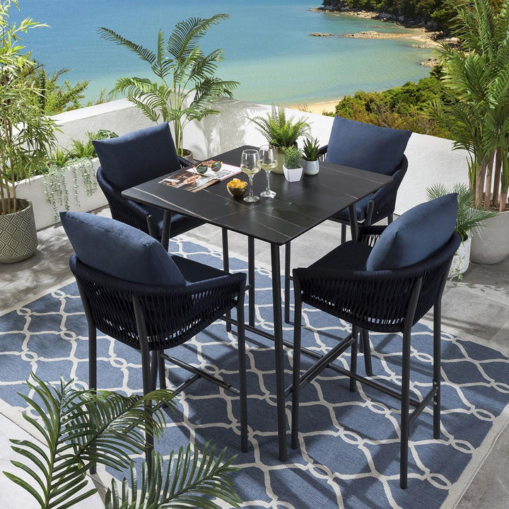 Virasat Olalla Outdoor Patio Bar Set 4 Chairs and 1 Table Set (Blue) Braided & Rope