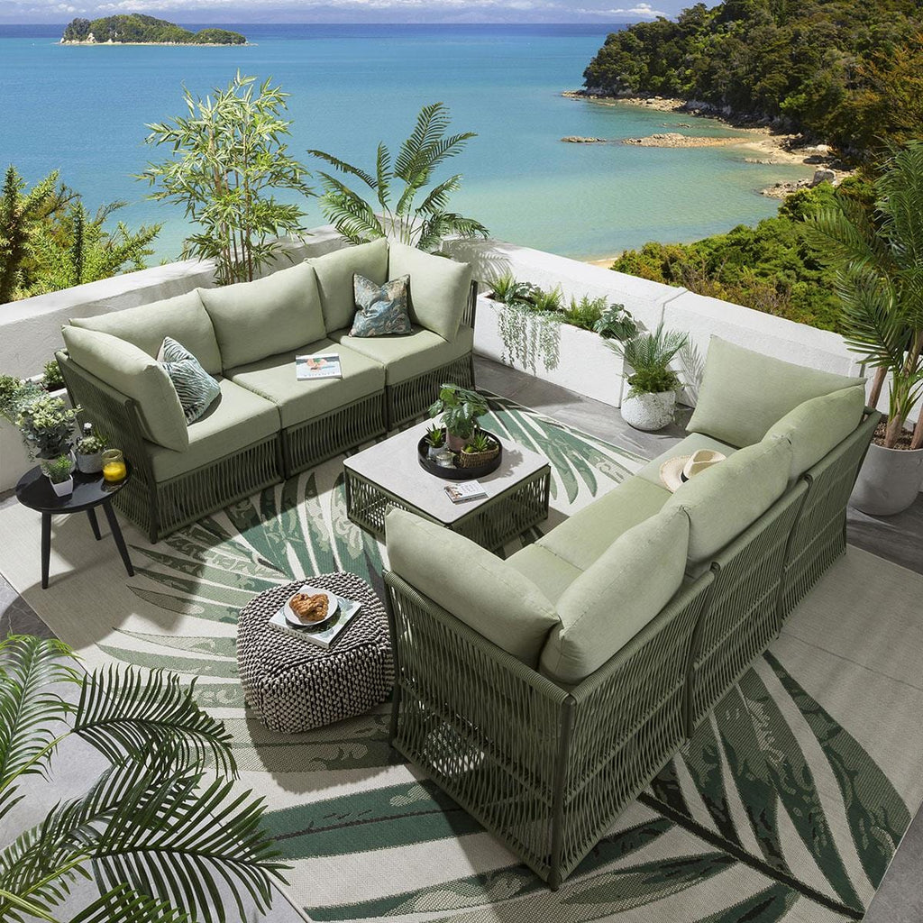 Virasat Outdoor Sofa Set 6 Seater and 1 Center Table Set (Green) Braided & Rope-VIRASAT FURNITURE & FURNISHING
