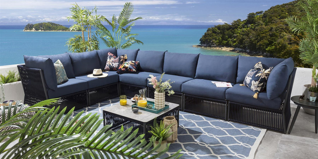 Virasat Valencia Outdoor Sofa Set 7 Seater, 1 Center Table Set (Blue) Braided & Rope