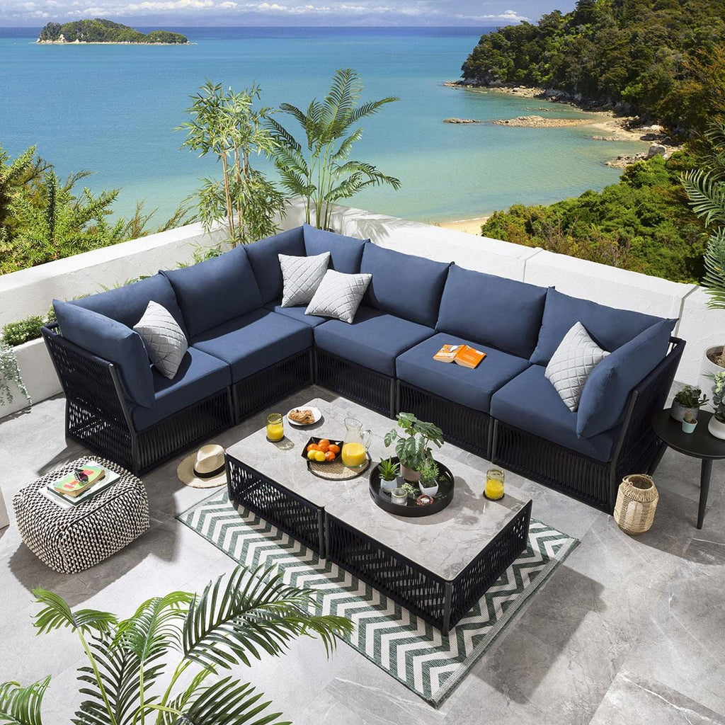 Virasat Outdoor Sofa Set 6 Seater and 1 Center Table Set (Blue) Braided & Rope-VIRASAT FURNITURE & FURNISHING