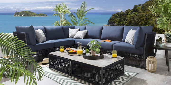 Virasat Carreon Outdoor Sofa Set 6 Seater and 2 Center Table Set (Blue) Braided & Rope