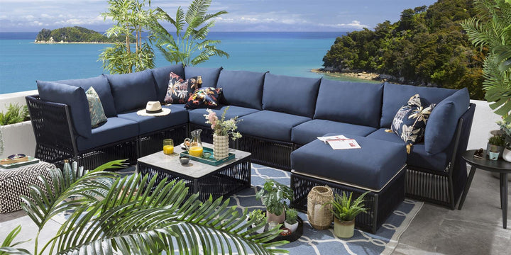 Virasat Mauricio Outdoor Sofa Set 7 Seater, 1 Ottoman and 1 Center Table Set (Blue) Braided & Rope