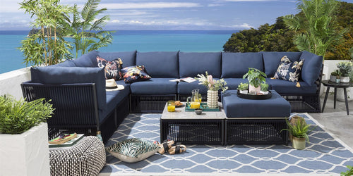 Virasat Outdoor Sofa Set 7 Seater, 1 Ottoman and 1 Center Table Set (Blue) Braided & Rope-VIRASAT FURNITURE & FURNISHING