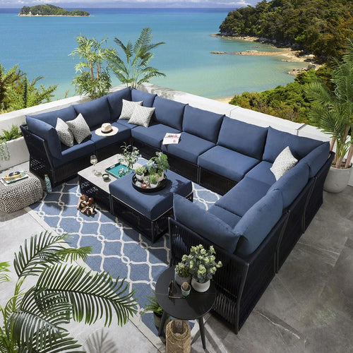 VIRASAT FURNITURE GRISELDA OUTDOOR ROPE SOFA SET 9-SEATER WITH OTTOMAN & CENTER TABLE (BLUE)