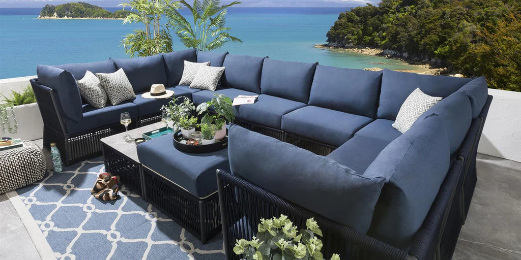VIRASAT FURNITURE GRISELDA OUTDOOR ROPE SOFA SET 9-SEATER WITH OTTOMAN & CENTER TABLE (BLUE)