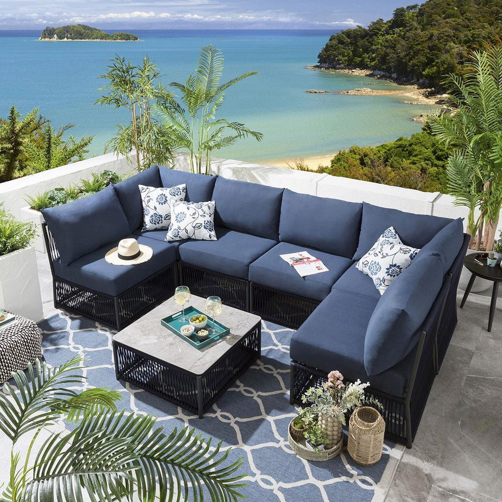 Virasat Outdoor Sofa Set 6 Seater and 1 Center Table Set (Blue) Braided & Rope-VIRASAT FURNITURE & FURNISHING