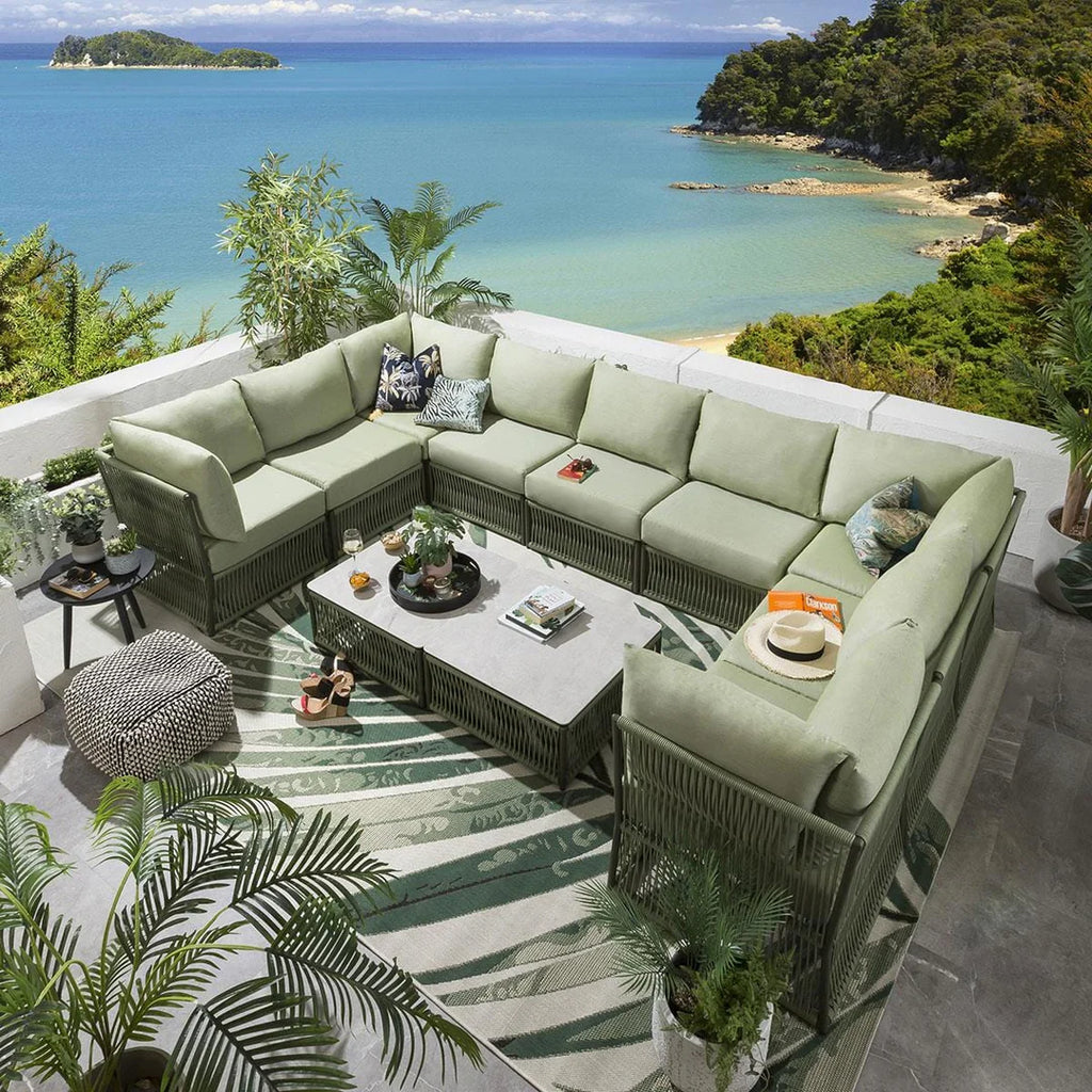 VIRASAT FURNITURE DIETER OUTDOOR ROPE SOFA SET 9-SEATER WITH 2 CENTER TABLES (GREEN)
