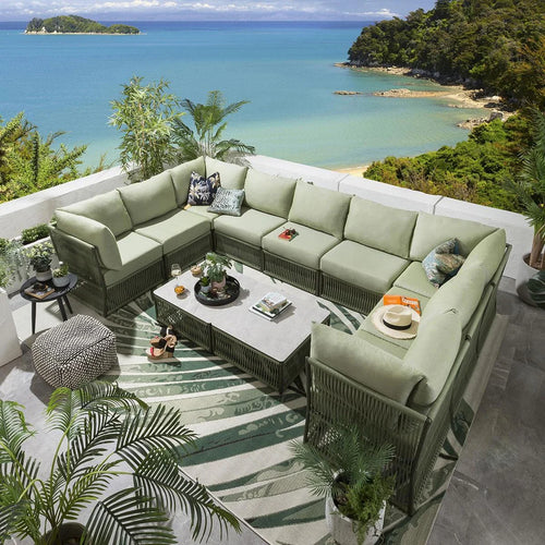 VIRASAT FURNITURE DIETER OUTDOOR ROPE SOFA SET 9-SEATER WITH 2 CENTER TABLES (GREEN)