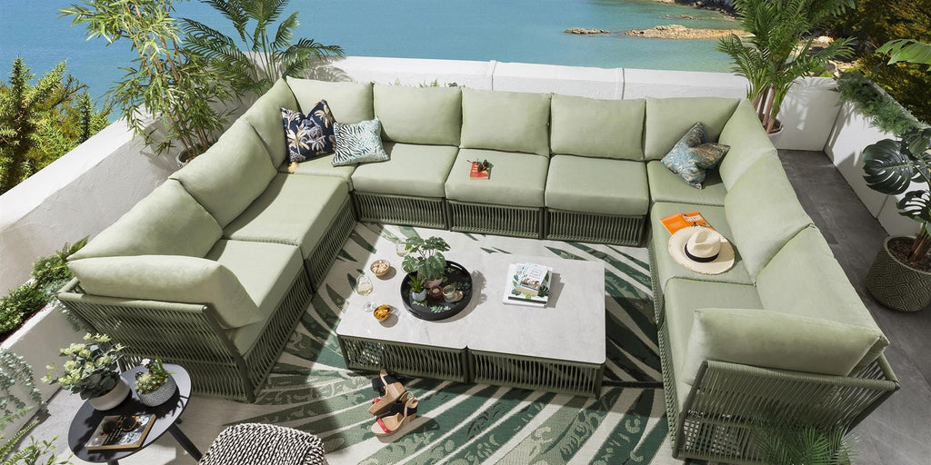 Virasat Outdoor Sofa Set 9 Seater and 2 Center Table Set (Green) Braided & Rope-VIRASAT FURNITURE & FURNISHING