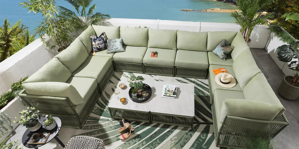 VIRASAT FURNITURE DIETER OUTDOOR ROPE SOFA SET 9-SEATER WITH 2 CENTER TABLES (GREEN)