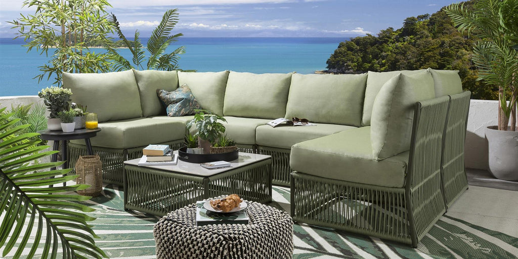 Virasat Outdoor Sofa Set 6 Seater and 1 Center Table Set (Green) Braided &amp; Rope-VIRASAT FURNITURE & FURNISHING