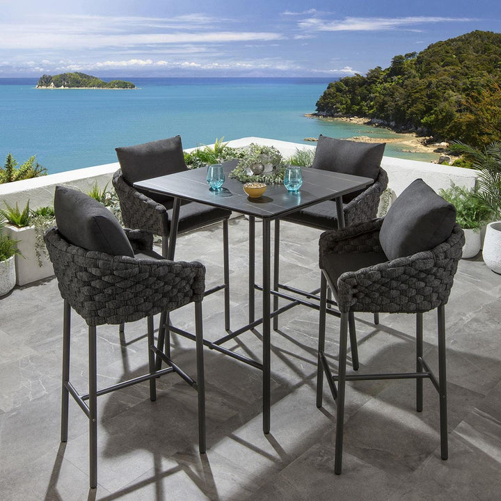 Virasat Roque Outdoor Patio Bar Set 4 Chairs and 1 Table Set (Black) Braided & Rope