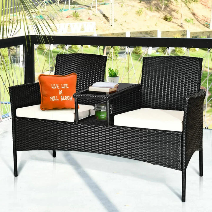 Virasat Garden Patio Seating Set of 2 Attached Chairs and Table Set Balcony Furniture Coffee Table Set(Black)