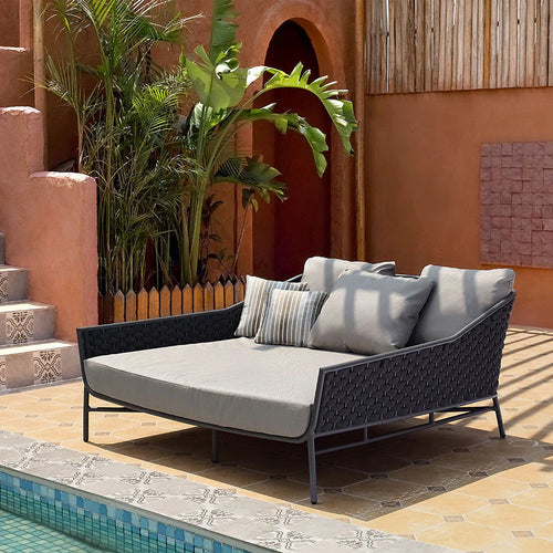 Virasat Outdoor Poolside Sunbed With Cushion Daybed (Black) Braided & Rope-VIRASAT FURNITURE & FURNISHING