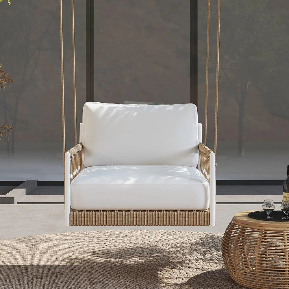VIRASAT FURNITURE ULEK SINGLE SEATER HANGING SWING WITHOUT STAND FOR BALCONY & GARDEN SWING (WHITE + TAN) BRAIDED & ROPE
