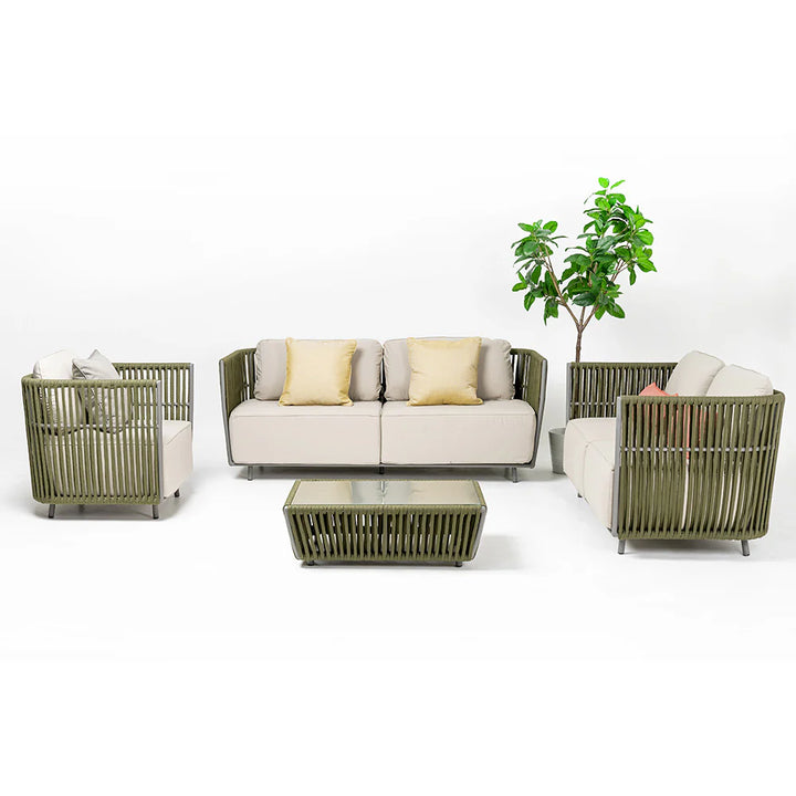 Virasat Klara Outdoor Garden Balcony Sofa Set 3 Seater,2 seater and Single Seater With 1 Table Set, Braid & Rope (Green + Beige)