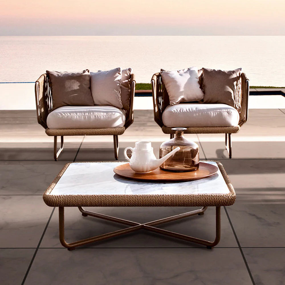 Virasat Outdoor Sofa Set 6 Seater, 2 Ottoman and 1 Center Table + 1 Side Table Set (Tan + Beige) Braided & Rope-VIRASAT FURNITURE & FURNISHING