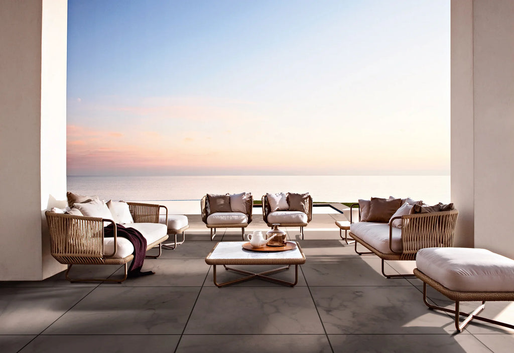 Virasat Outdoor Sofa Set 6 Seater, 2 Ottoman and 1 Center Table + 1 Side Table Set (Tan + Beige) Braided & Rope-VIRASAT FURNITURE & FURNISHING
