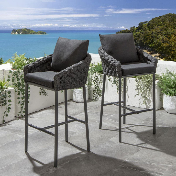 Virasat Evita Outdoor Patio Bar Set 2 Chairs and 1 Table Set Braided & Rope (Black)